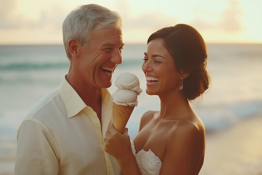 A joyful couple sharing an ice cream cone by the beach at sunset, smiling and laughing in a warm and romantic moment near the ocean