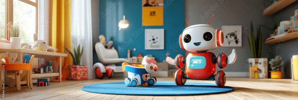 Aufkleber In a lively children's room, cheerful robot assistants interact with colorful toys, creating a fun atmosphere for play and learning. Generative AI