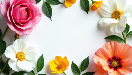 Obraz premium Free copy space in the middle, surrounded with flowers bird of paradise, nasturtium, petunia, and helianthus, copy space