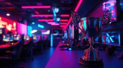 Naklejka premium A shiny trophy in a vibrant esports gaming environment.