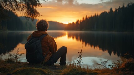 Person sitting by the lake watching a beautiful sunset in nature