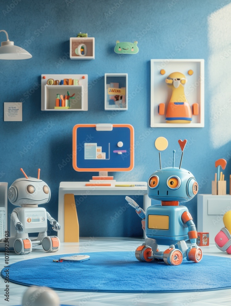 Poster children enjoy interactive playtime with friendly robots in a vibrant room filled with toys and educ