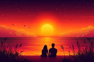 Fototapeta premium A flat illustration of a couple sitting on the beach, watching a vibrant sunset over the ocean with colorful clouds and silhouettes of plants in the foreground