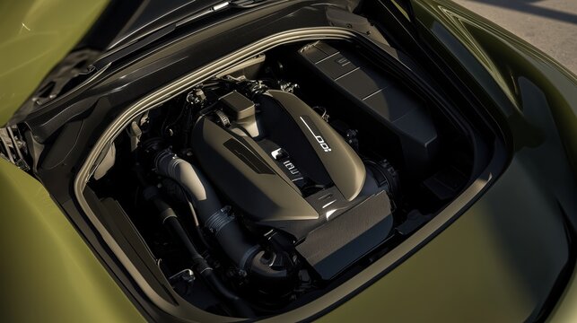 Close-Up View of a High-Performance GDI Engine Compartment in an Olive Green Car Featuring Advanced Engine Design and Engineering Precision