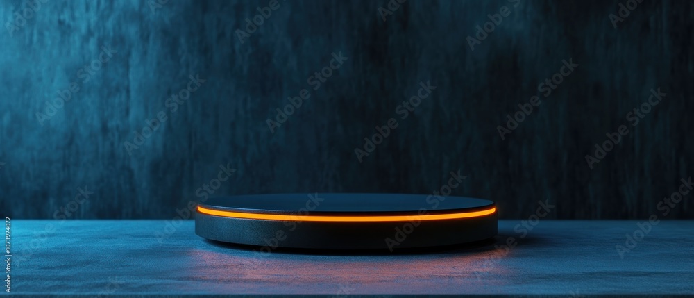 Poster a minimalist platform with an illuminated edge, set against a textured backdrop.