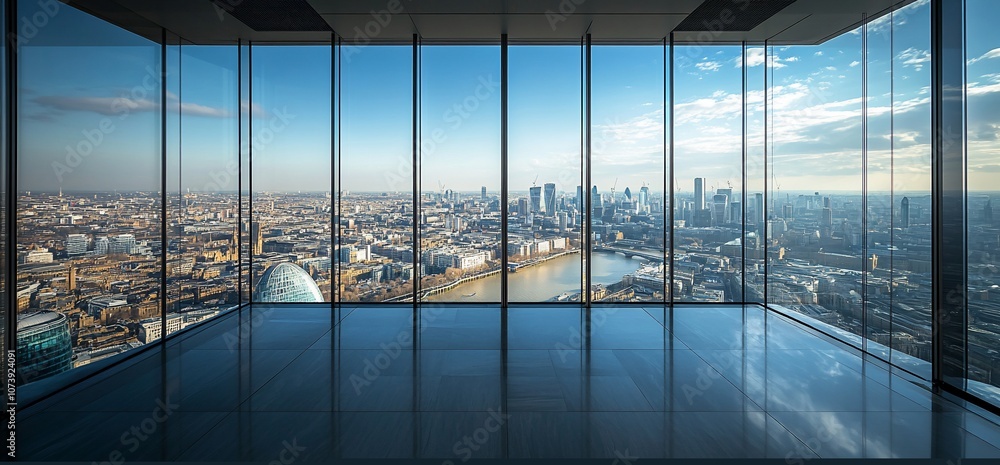 Poster empty office room with panoramic view of city skyline through large windows.
