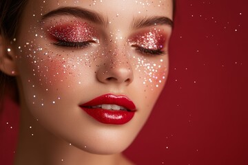  festive beauty look for New Year, with glitter makeup details, including sparkly red lips and shimmering cheeks and eye shadow