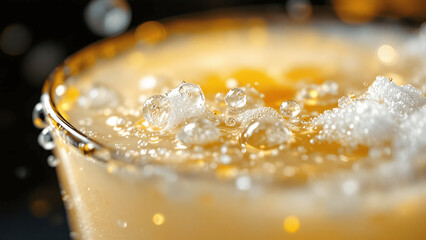 Bubbles and Foam in a Refreshing Drink Close-Up with Sparkling Effects