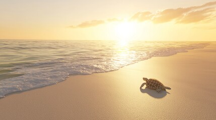 Tranquil Sunrise Beachscape: 3D Render of Sea Turtle Nesting on Serene Shore with Gentle Waves and Warm Sand