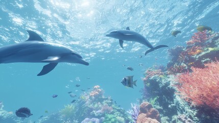 Fototapeta premium Enchanting Underwater World: Dolphins' Perception Revealed in 3D Render Artwork