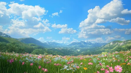 Whimsical Wildflower Dream: 3D Render of Enchanting Landscape with Rolling Hills and Mountain Views