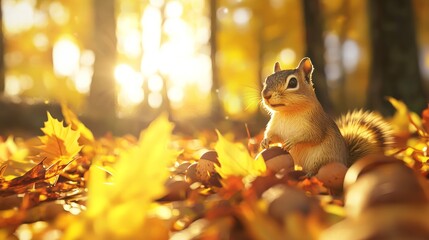 Obraz premium Enchanted Autumn Forest - Ultra-Detailed 3D Render from Chipmunk's Viewpoint Capturing Vibrant Foliage and Acorns