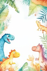 Naklejka premium Whimsical Watercolor Dinosaur Frame With Colorful Dino Friends Perfect for a Fun Birthday Celebration