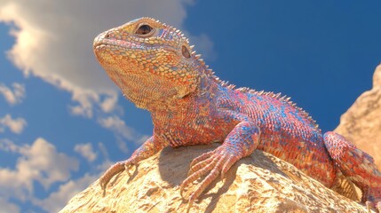 Obraz premium Majestic Lizard Basking in Desert Landscape - Ultra-Detailed 3D Render Close-Up Artwork