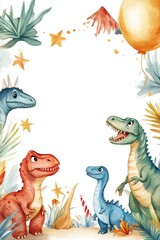 Fototapeta premium Watercolor Dinosaur-Themed Birthday Frame With Vibrant Colors and Playful Design Featuring Cartoon Dinosaurs, Stars, and a Volcano
