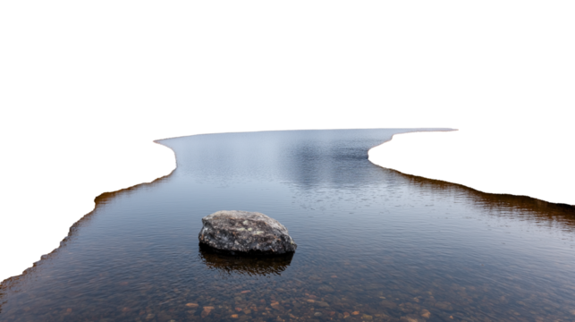 Rock in calm lake with sky reflection