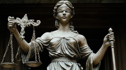 Obraz premium Statue of Lady Justice Holding Scales Symbolizing Fairness, Equality, and Impartiality in Legal Matters Against a Dark Background