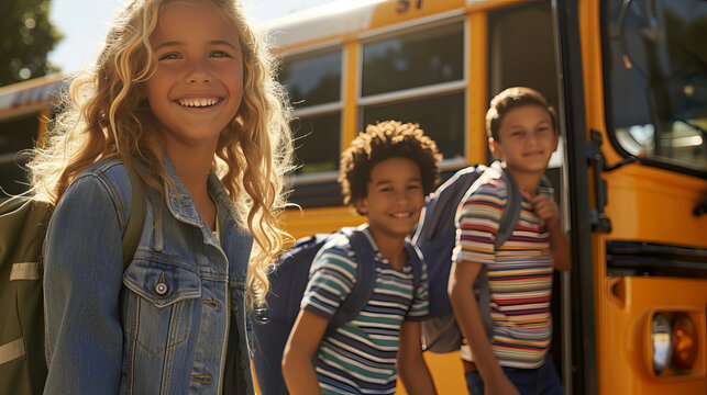 Happy Group of School Kids Getting off the School Bus on a Sunny Day with Smiling Faces