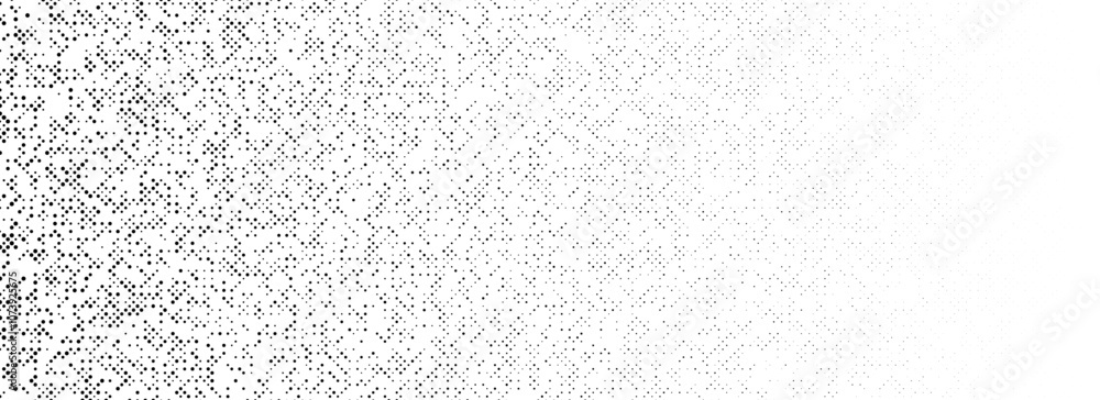 Poster Black dotted noise gradient texture. Fading comic pixel grain pattern. Dissolving grunge particle grid wallpaper. Vanishing irregular grain overlay backdrop. Vector stipple speckle halftone background