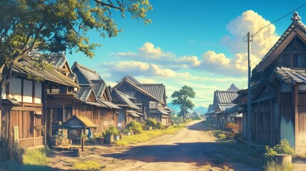 A quaint Japanese village street lined with traditional wooden houses, bathed in warm sunlight.