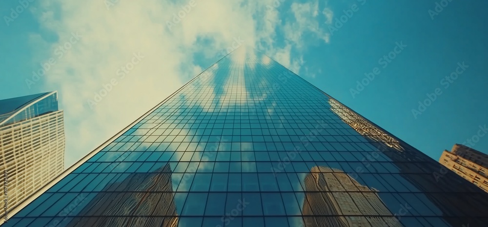 Aufkleber low angle view of a modern skyscraper with glass facade reflecting clouds and blue sky.