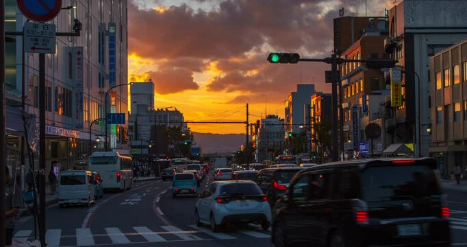 Nara Japan City Traffic Intersection Commuters Sunrise Sunset Timelapse 4K