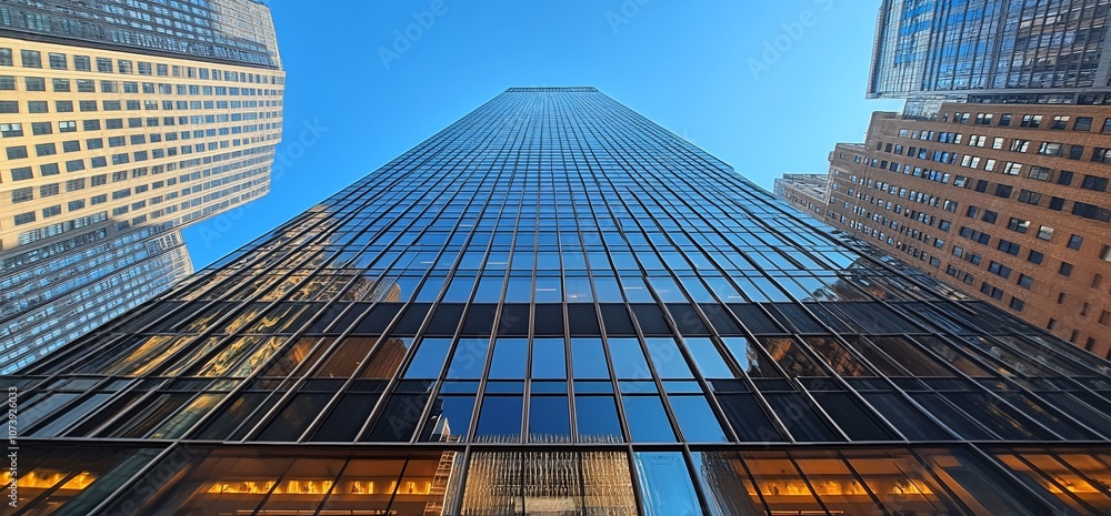 Aufkleber low angle view of a skyscraper against a blue sky with surrounding buildings.