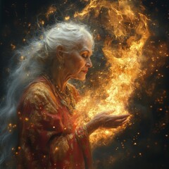 An elderly woman with long white hair holds a flame in her hands.