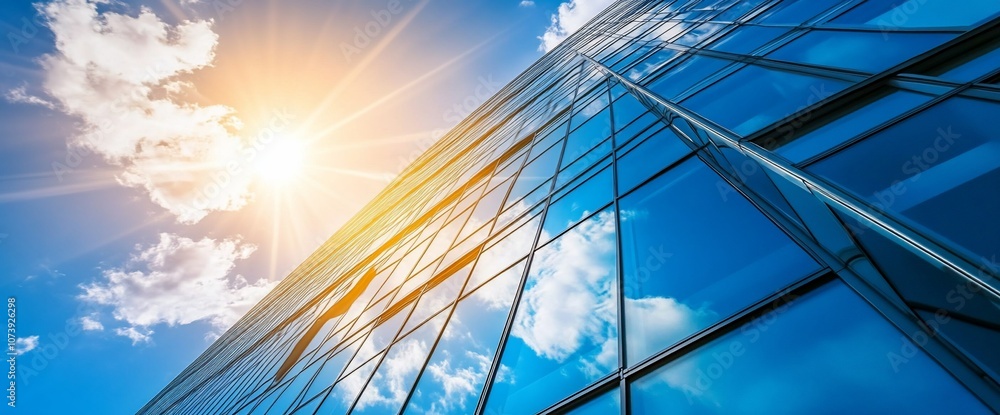 Poster low angle view of modern building reflecting clouds and bright sun.