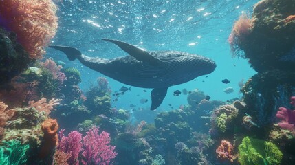 Obraz premium Majestic Whale Swimming Amid Vibrant Marine Life - Ultra-Detailed 3D Render Digital Artwork