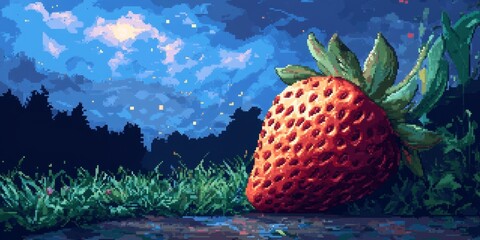 Single red strawberry with green leaves under a night sky.