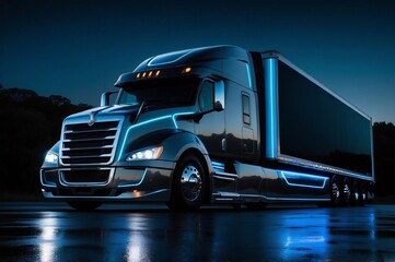 futuristic truck with glowing blue lines and a trailer