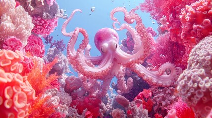 Obraz premium Depths of Delight: Enchanting 3D Render of Octopus in Vibrant Coral Habitat with Ultra-Detailed Visuals