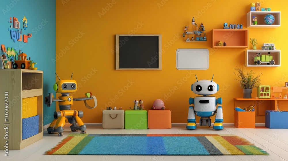 Aufkleber this cheerful children's room showcases friendly robot assistants organizing toys and creating a fun