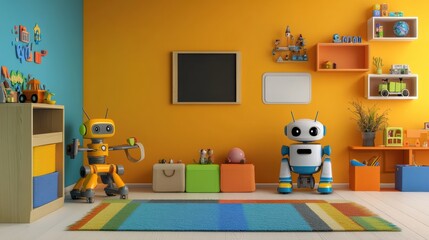 This cheerful children's room showcases friendly robot assistants organizing toys and creating a fun and interactive learning space. Generative AI