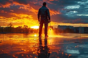 Man cleaning suit tiles with high pressure water jet. sunset. beautiful light