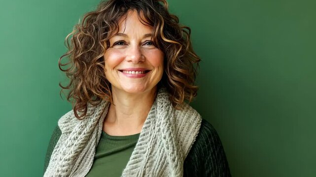 A relaxed middle-aged pregnant woman with a cozy green solid background