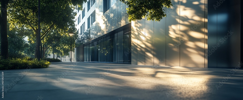 Poster Modern building with trees casting shadows on the sidewalk in the sunlight.