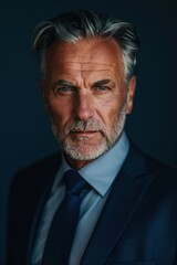 Fototapeta premium Portrait of a Mature Businessman in Navy Suit with Monotone Blue Background