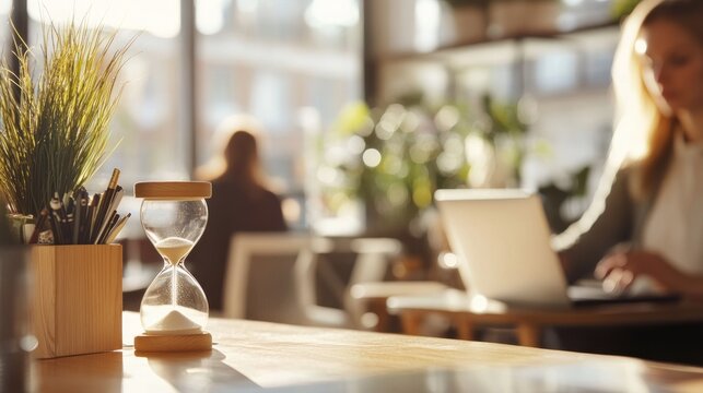 A serene workspace with an hourglass, plants, and a woman working on a laptop.