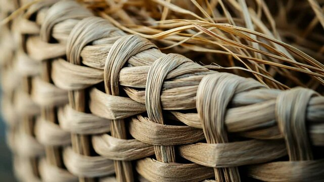 Detailed close-up of a wicker basket with emphasis on texture and fiber pattern with straw slightly disheveled and sticking out of it