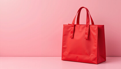 Bright red shopping bag displayed against a soft pink background