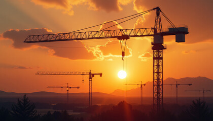 Construction Cranes at Sunset