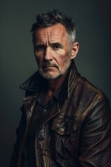 Rugged Middle-Aged Man in Leather Jacket with Intense Lighting and Moody Atmosphere