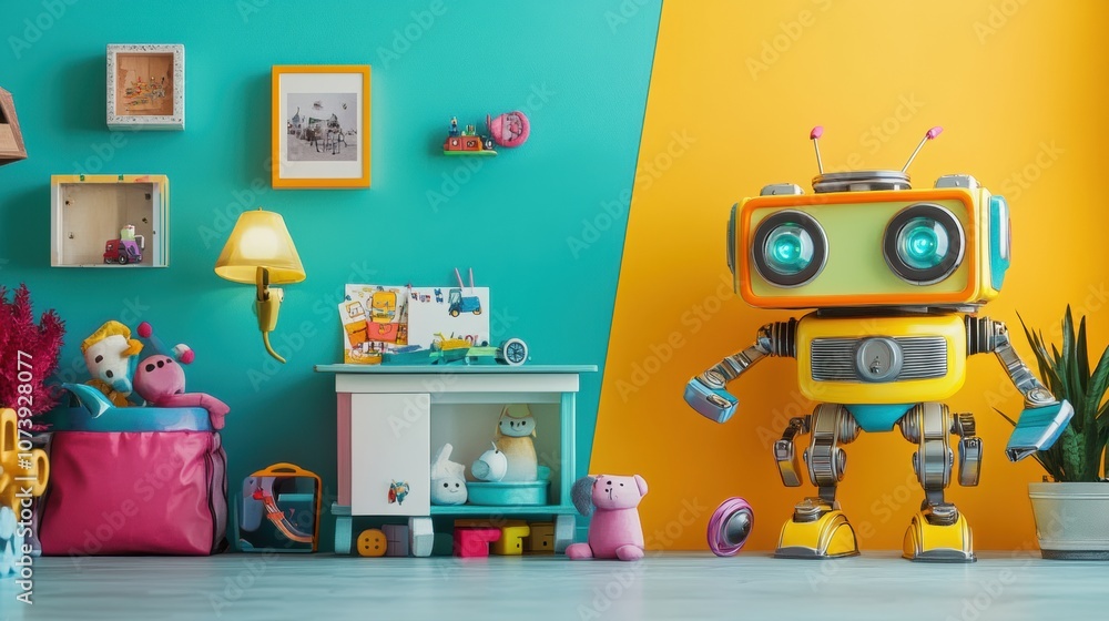 Aufkleber A lively children's room showcases friendly robot helpers amidst cheerful decorations and an array of colorful toys for engaging playtime. Generative AI