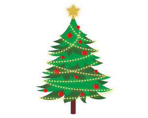 A vector illustration of Christmas tree decorated with glowing lights, a bright star at the top, and red baubles. The overall design captures the cozy and joyful spirit of Christmas, for holiday cards