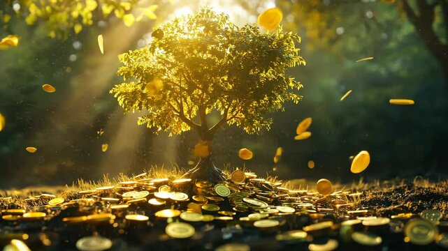 A young tree surrounded by golden coins, with sunlight, symbolizing prosperity and growth.