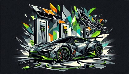 Futuristic Electric Car Charging at High-Tech Station in Digital Art with Cubist Geometric Shapes