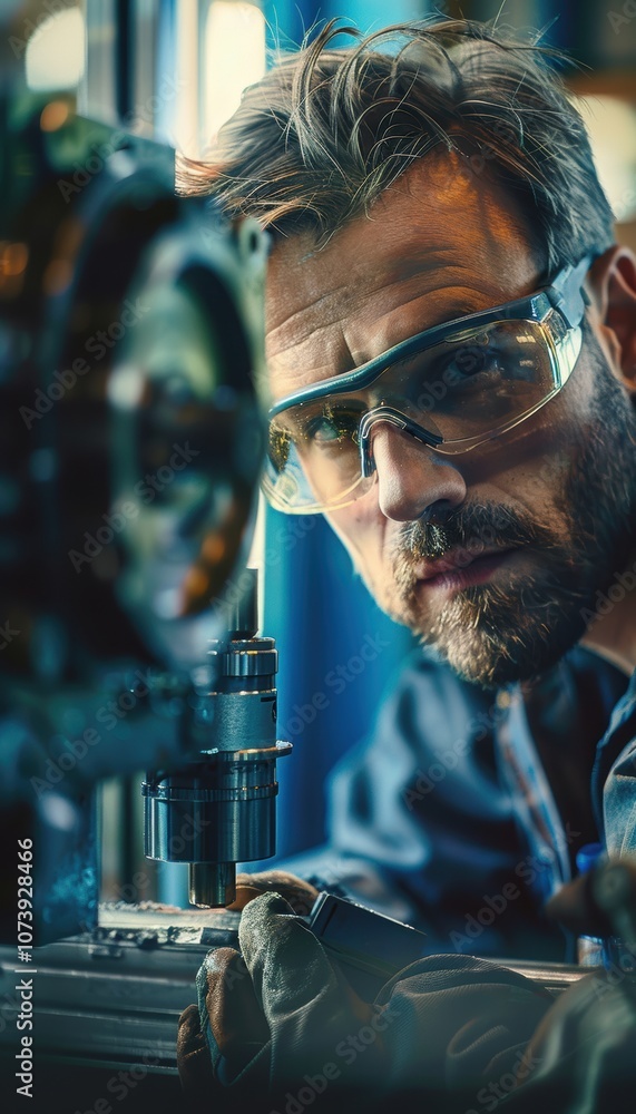 Poster precision and safety: industrial machine operator adjusting cutting tool in factory setting