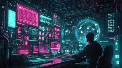 Detailed cyberpunk AI management software interface illustration in neon colors